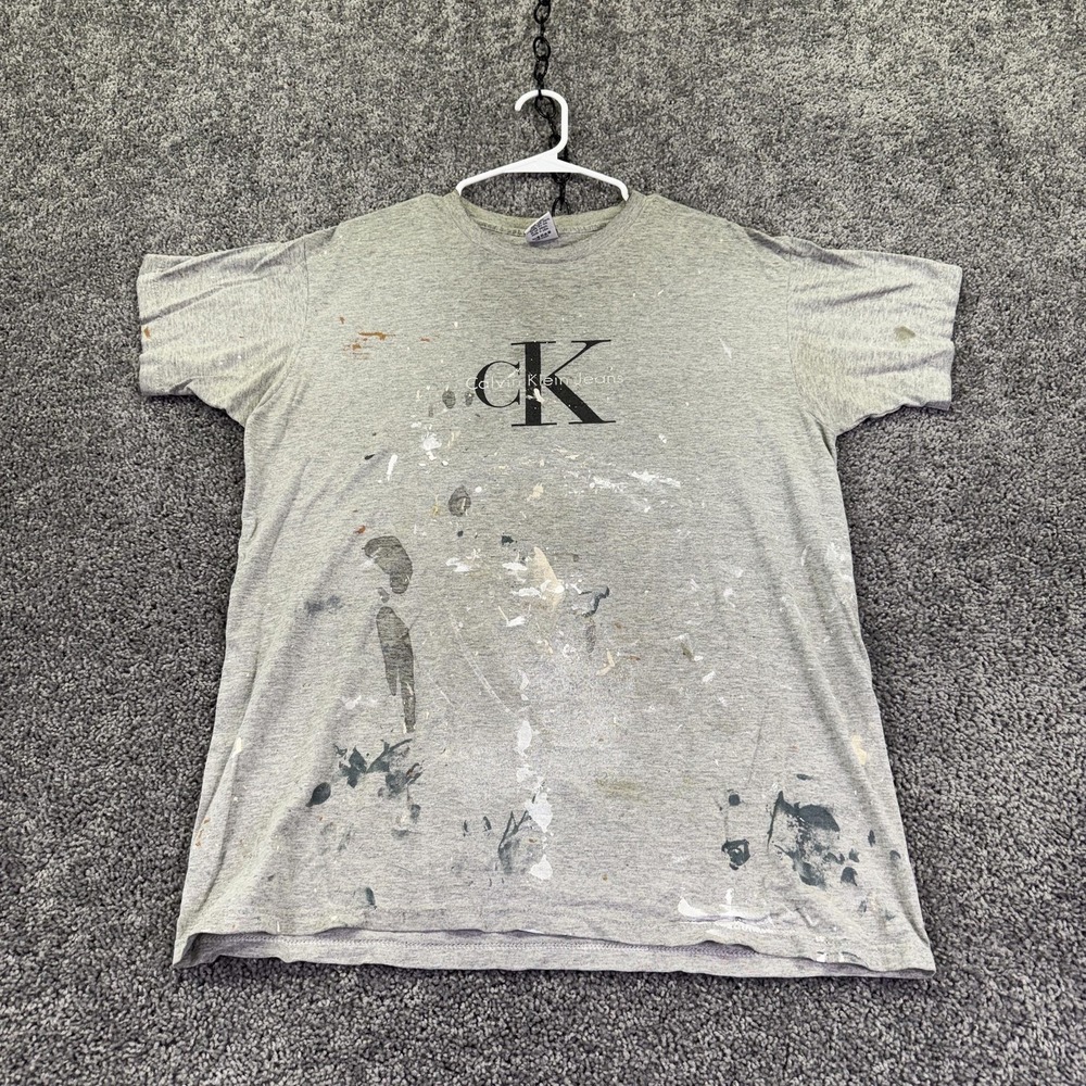 Vtg Calvin Klein Jeans Shirt Mens Medium Gray CK Logo Paint Stained Tee USA